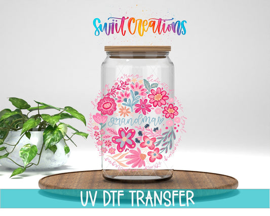 Grandma Floral UV DTF transfer displayed on a clear jar mockup from Swiit Creations
