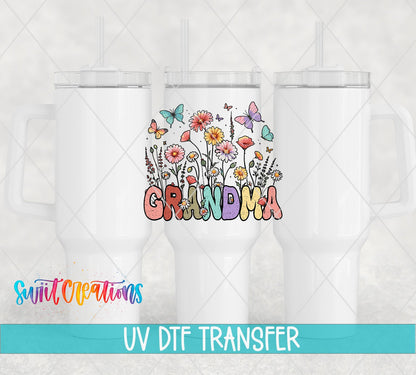 Grandma Floral Wildflower UV DTF transfer applied to a white tumbler set from Swiit Creations