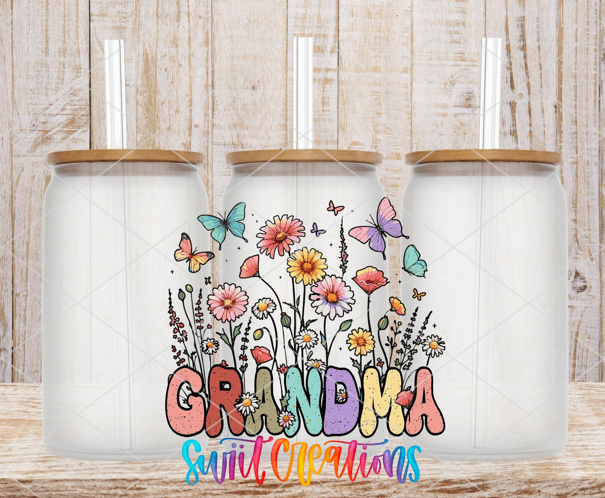 Grandma Floral Wildflower UV DTF transfer applied to a clear glass can set from Swiit Creations
