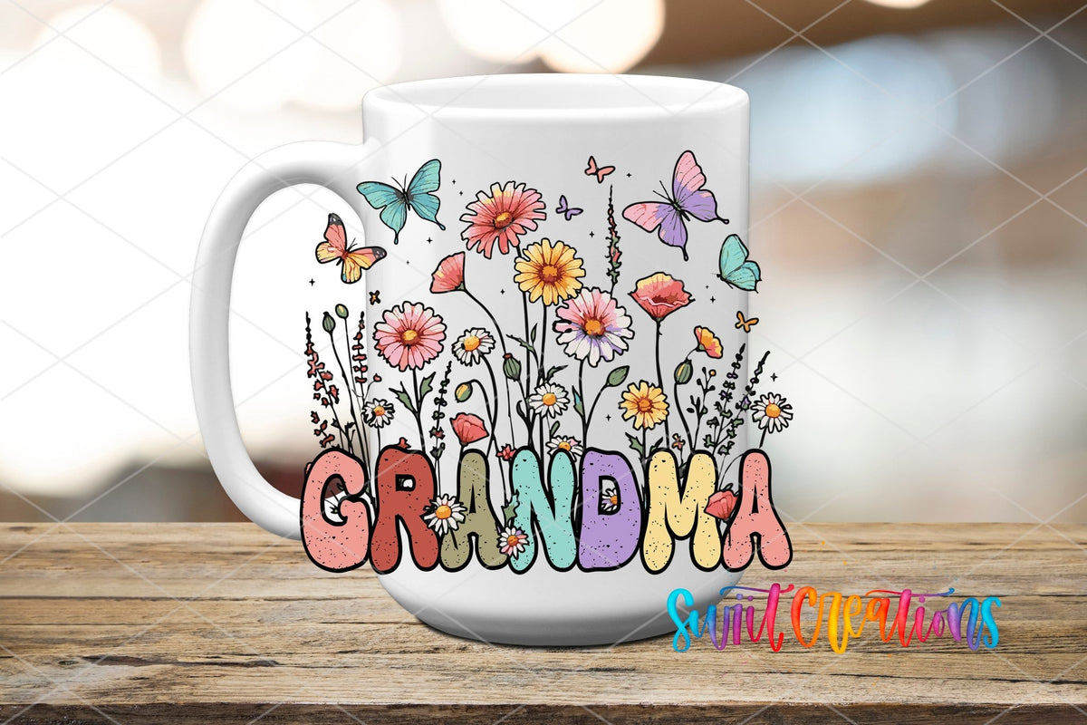 Grandma Floral Wildflower UV DTF transfer displayed on a white ceramic mug from Swiit Creations