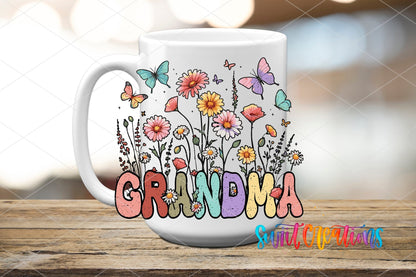 Grandma Floral Wildflower UV DTF transfer displayed on a white ceramic mug from Swiit Creations