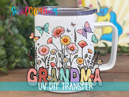 Grandma Floral Wildflower UV DTF transfer displayed on a white coffee mug from Swiit Creations