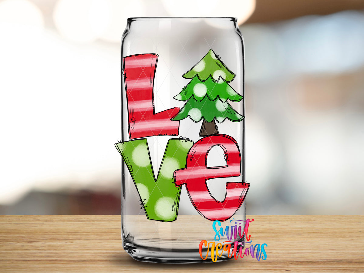 Christmas Love design on a clear glass can tumbler