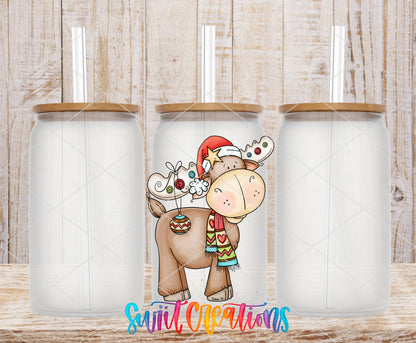 Christmas Moose frosted glass tumbler mockup with bamboo lids and straws