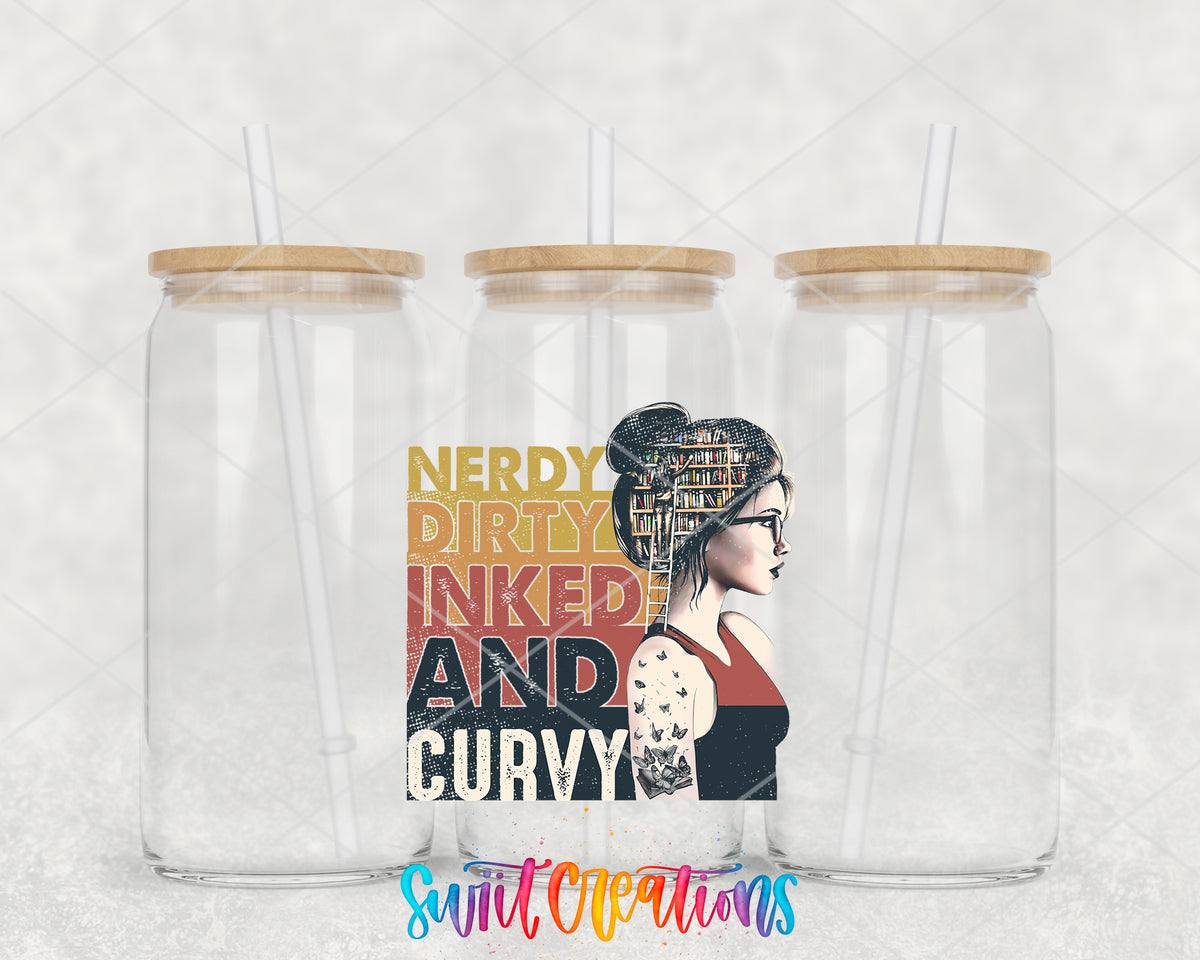 Nerdy Dirty Inked and Curvy clear glass tumbler group mockup with bamboo lids and straws