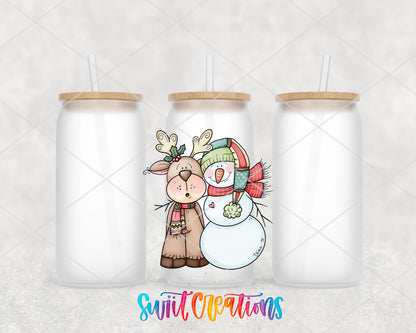 Reindeer and Snowman frosted glass tumbler group view with lids and straws
