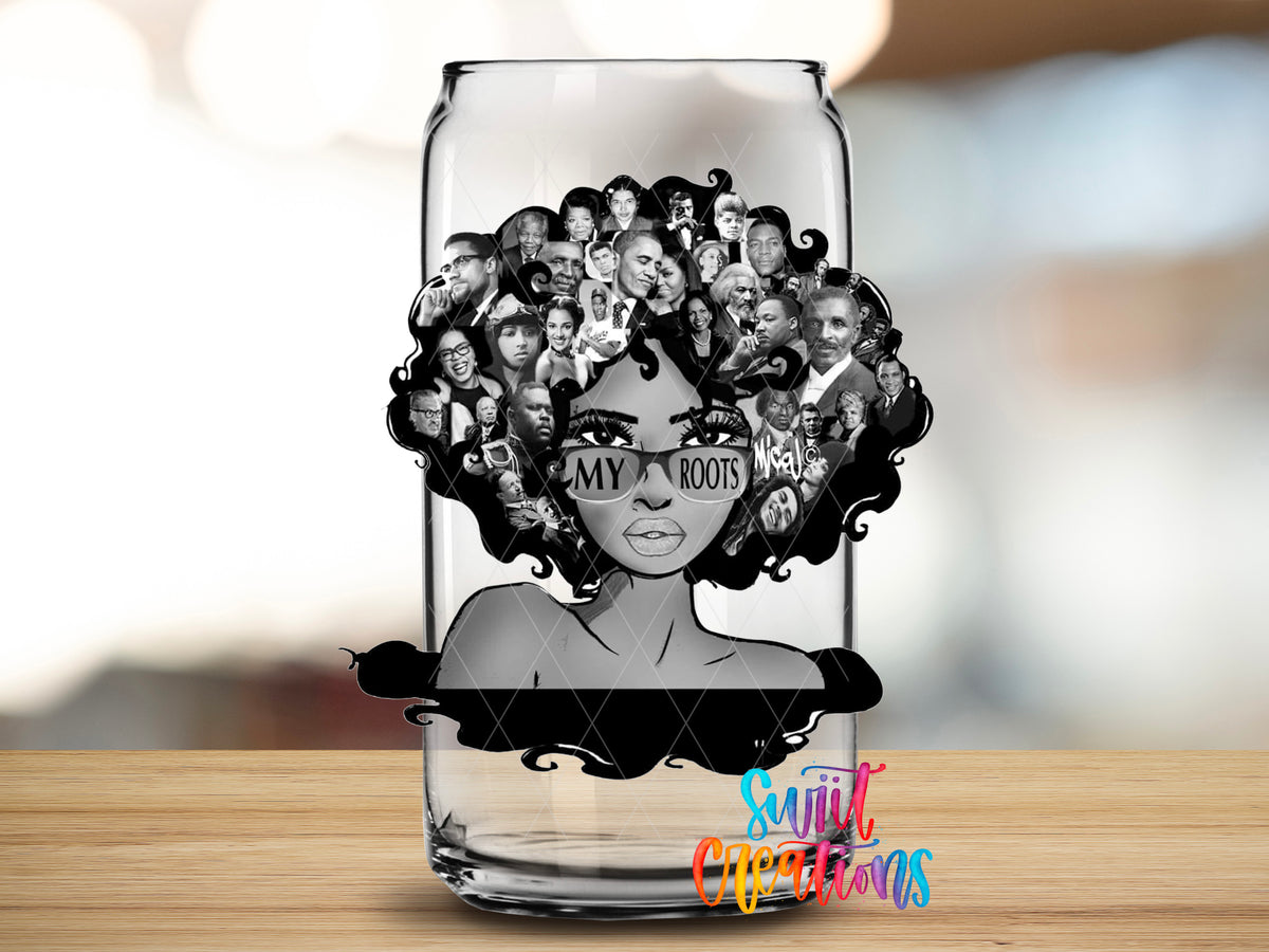 My Roots design close-up on a clear glass can tumbler