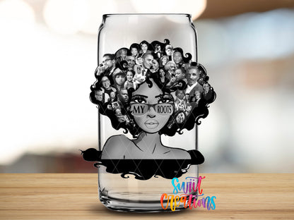 My Roots design close-up on a clear glass can tumbler