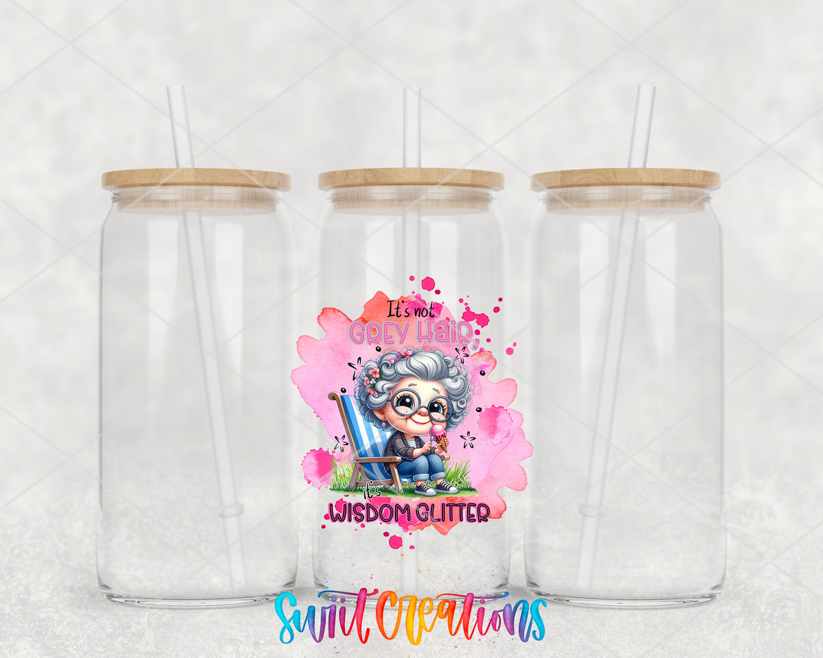 Wisdom Glitter Grey Hair clear glass tumbler group mockup with bamboo lids and straws