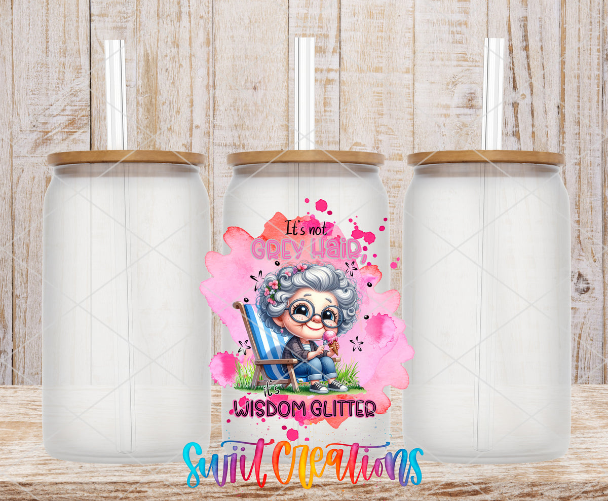 Wisdom Glitter Grey Hair frosted glass tumbler mockup with bamboo lids and straws