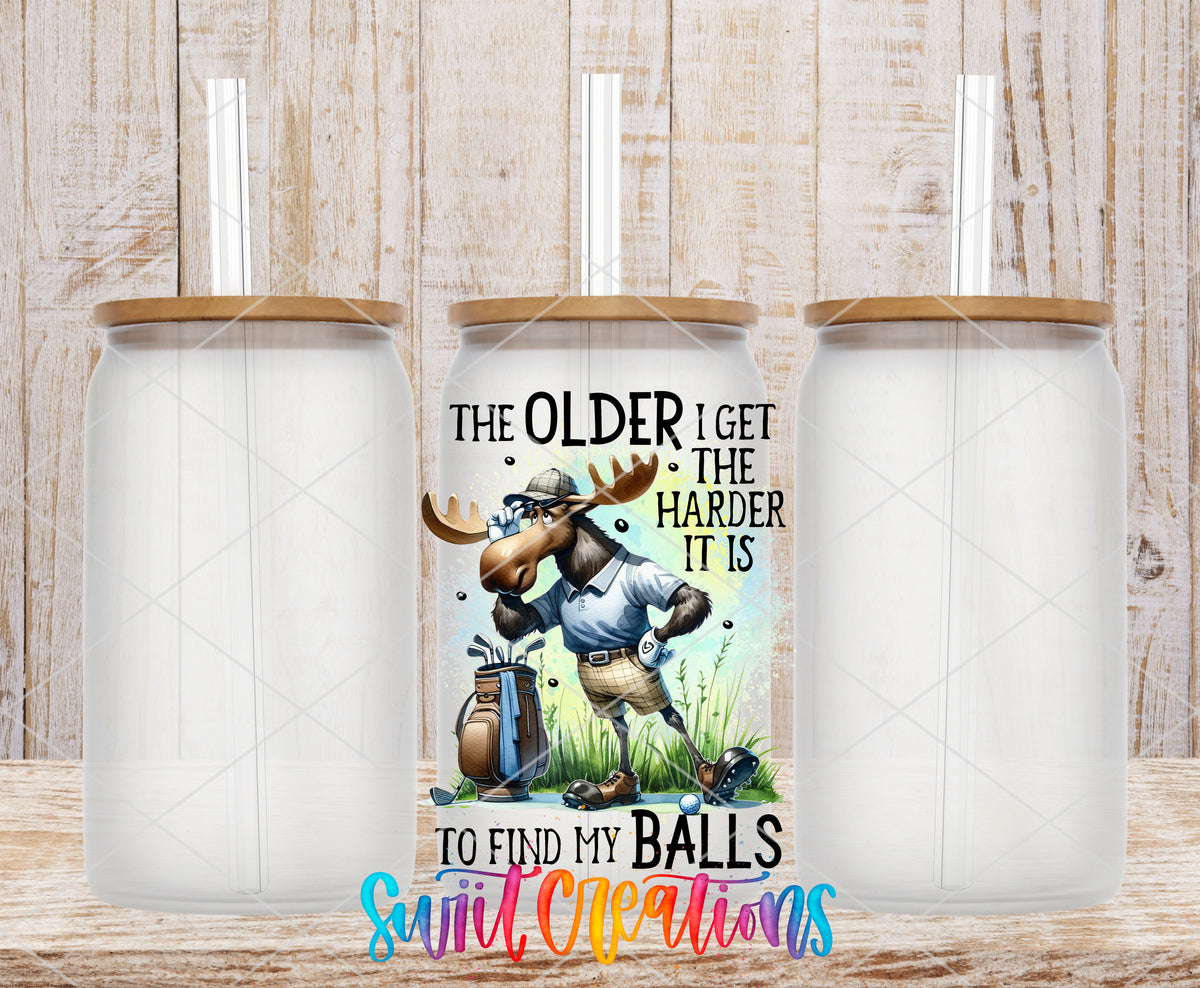 The Older I Get Golf Moose frosted glass tumbler mockup with bamboo lids and straws