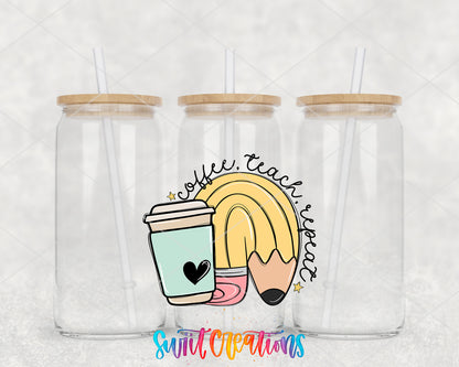 Coffee Teach Repeat clear glass tumbler group mockup with bamboo lids and straws