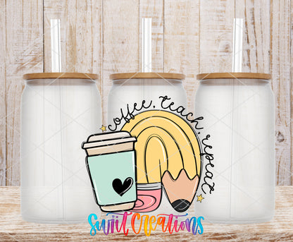 Coffee Teach Repeat frosted glass tumbler mockup with bamboo lids and straws