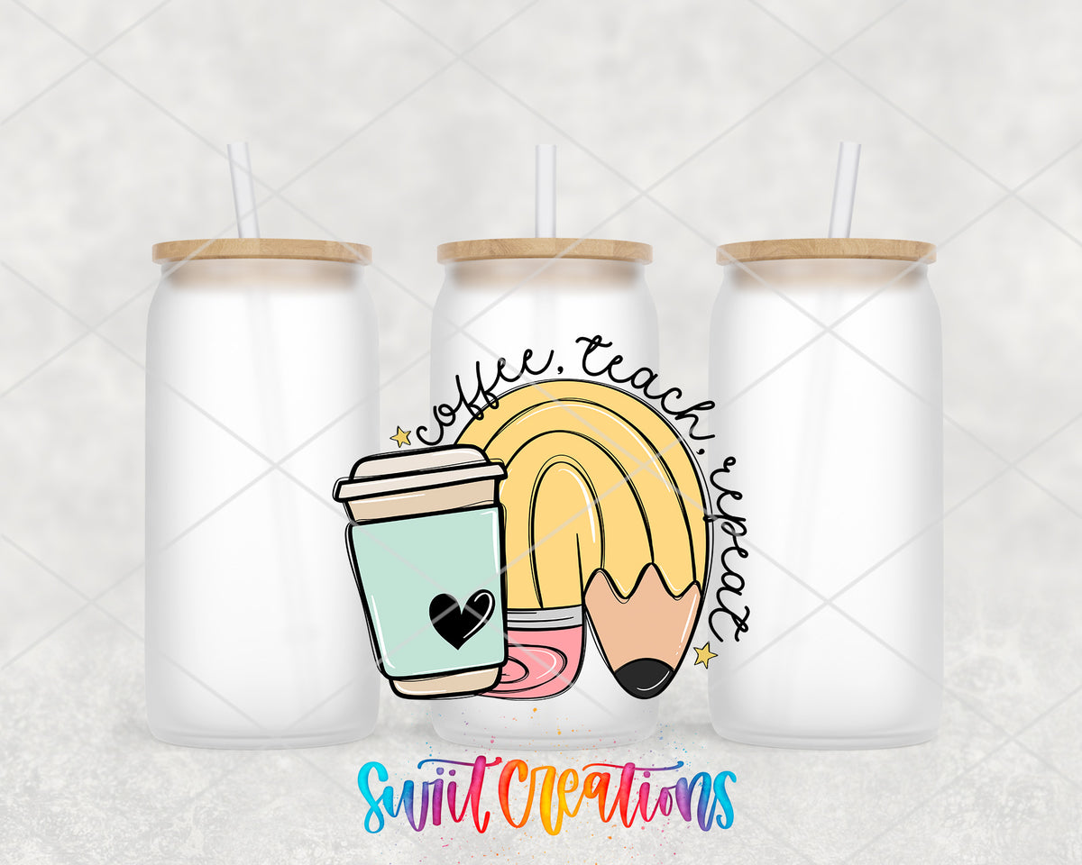 Coffee Teach Repeat frosted glass tumbler group view with lids and straws