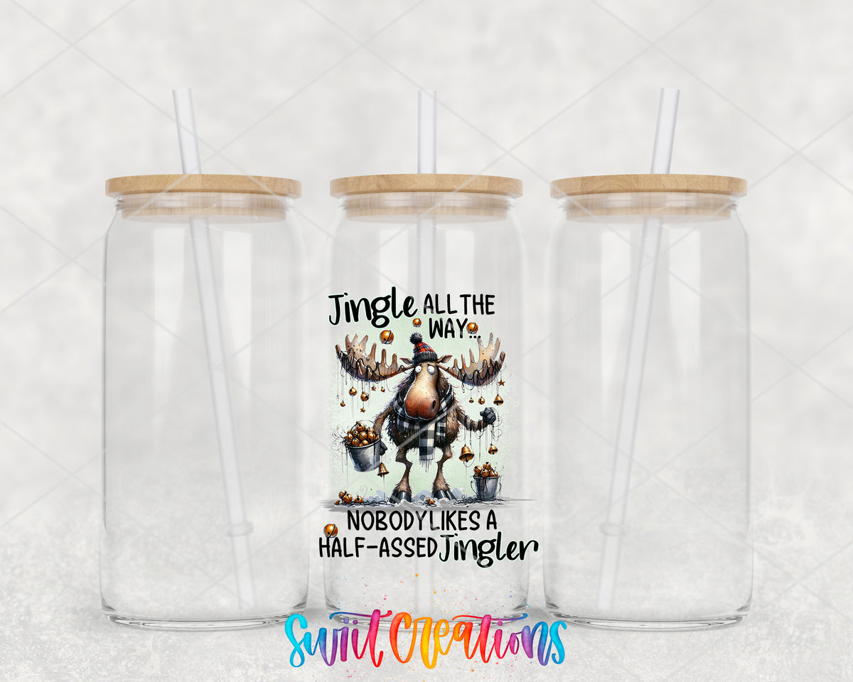 Jingle All the Way Moose clear glass tumbler group mockup with bamboo lids and straws