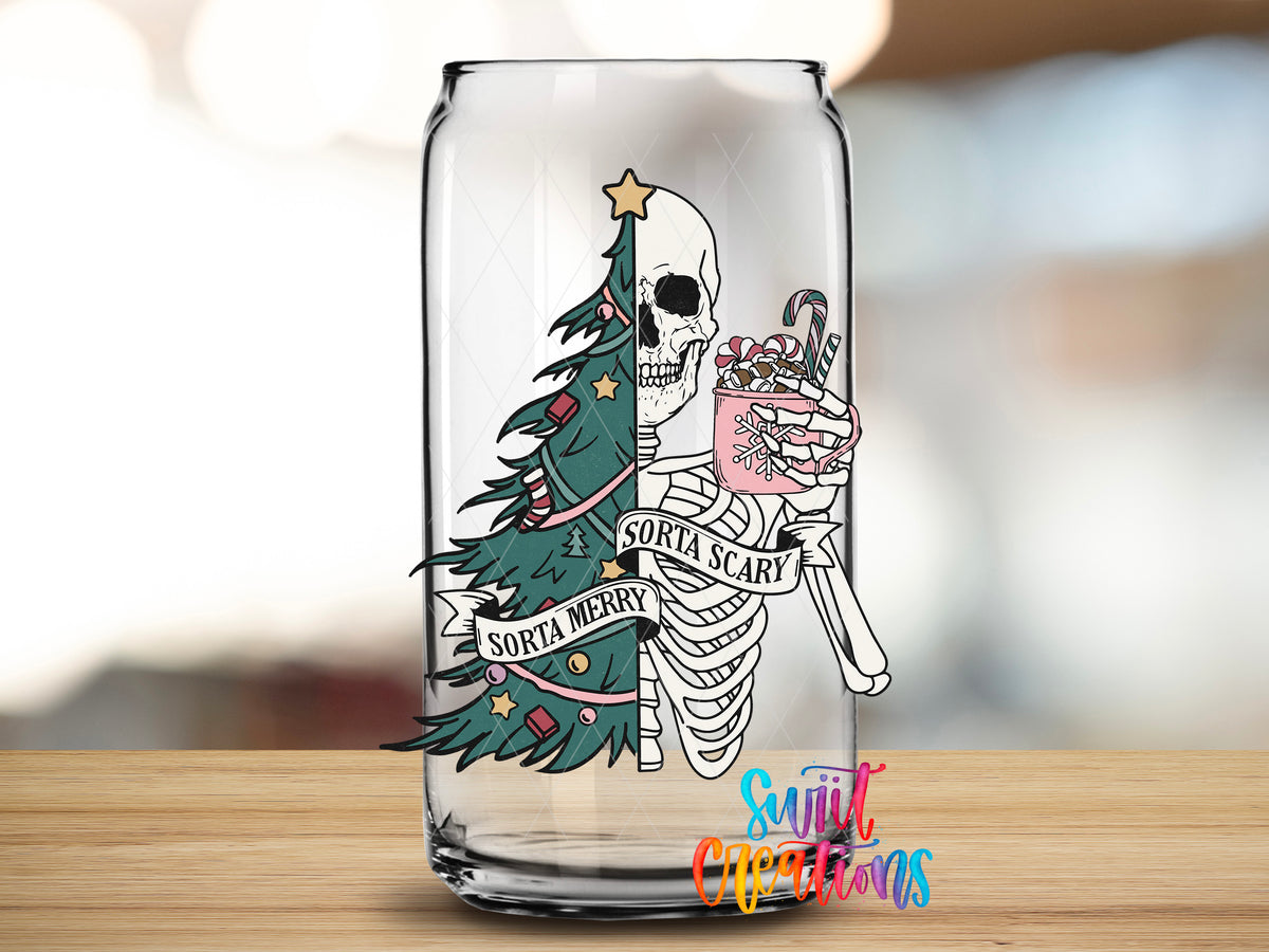 Sorta Merry Sorta Scary design close-up on a clear glass can tumbler