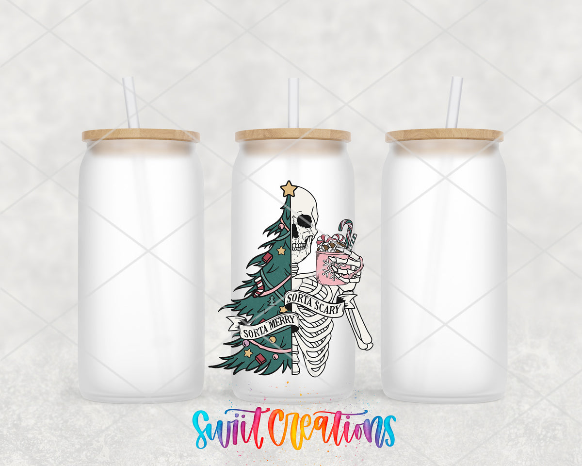 Sorta Merry Sorta Scary frosted glass tumbler group view with lids and straws