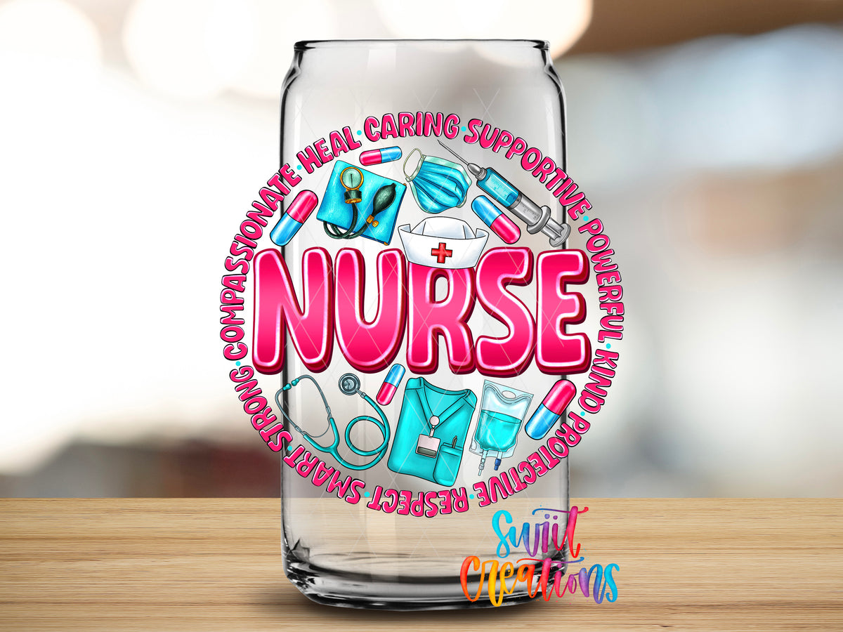 Nurse Appreciation design close-up on a clear glass can tumbler