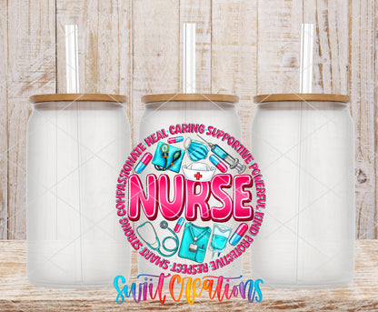 Nurse Appreciation frosted glass tumbler mockup with bamboo lids and straws