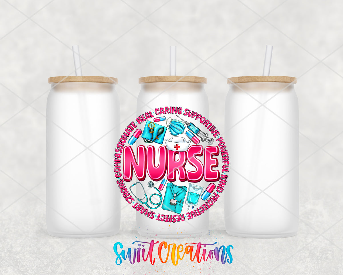 Nurse Appreciation frosted glass tumbler group view with lids and straws
