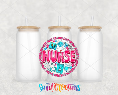 Nurse Appreciation frosted glass tumbler group view with lids and straws