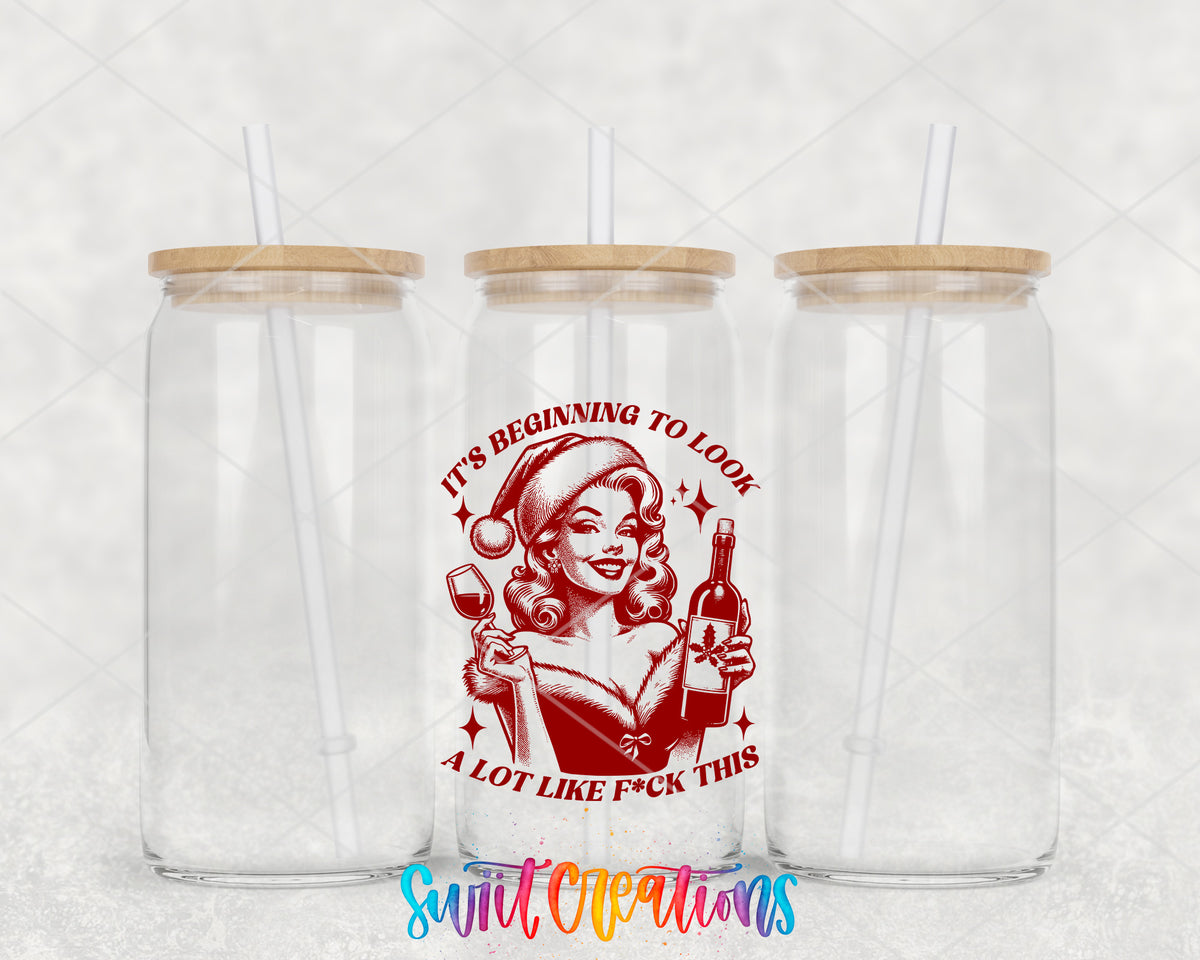 Beginning to Look Like Fuck This clear glass tumbler group mockup with bamboo lids and straws