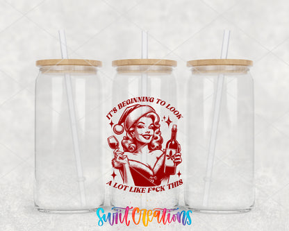 Beginning to Look Like Fuck This clear glass tumbler group mockup with bamboo lids and straws