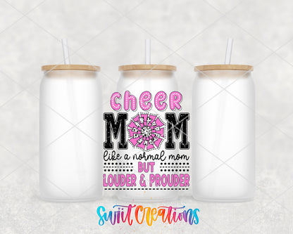 Cheer Mom Louder and Prouder frosted glass tumbler group view with lids and straws