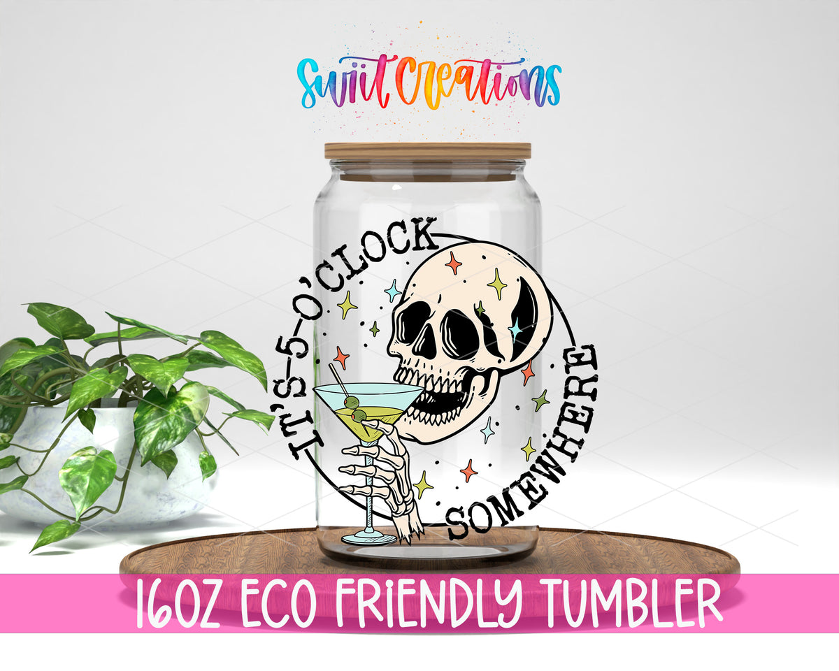 It Is Five O Clock Somewhere design on a 16 oz clear glass tumbler with bamboo lid