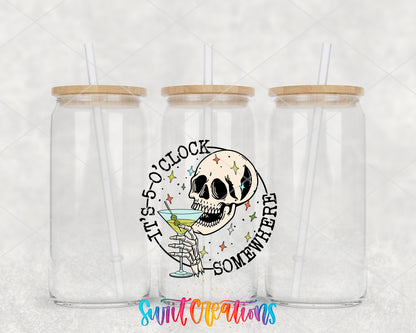 It Is Five O Clock Somewhere clear glass tumbler group mockup with bamboo lids and straws