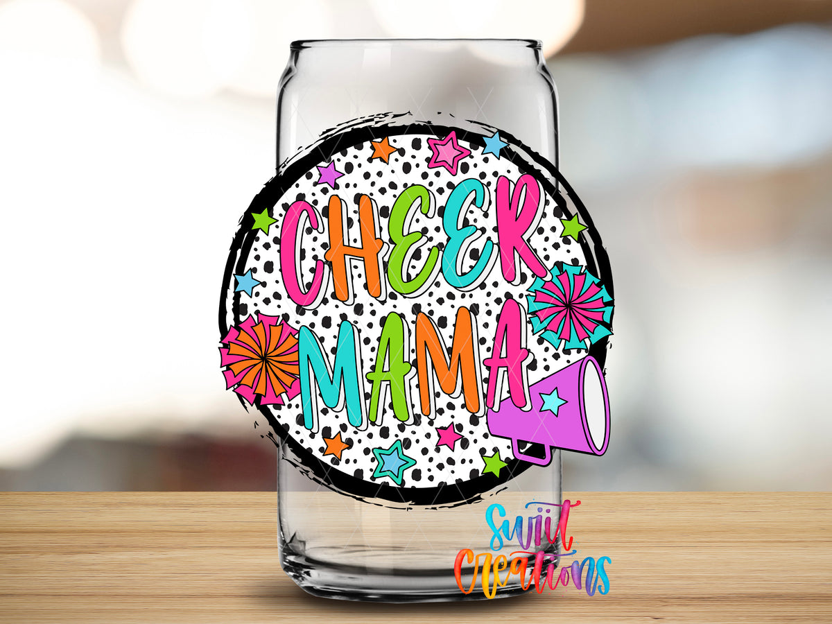 Cheer Mama Colorful design close-up on a clear glass can tumbler