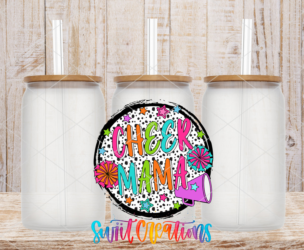 Cheer Mama Colorful frosted glass tumbler mockup with bamboo lids and straws