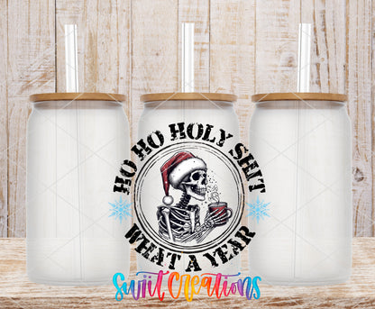 Ho Ho Holy Shit What a Year frosted glass tumbler mockup with bamboo lids and straws
