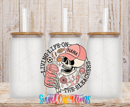 Living Life on the Bleachers Mama frosted glass tumbler mockup with bamboo lids and straws
