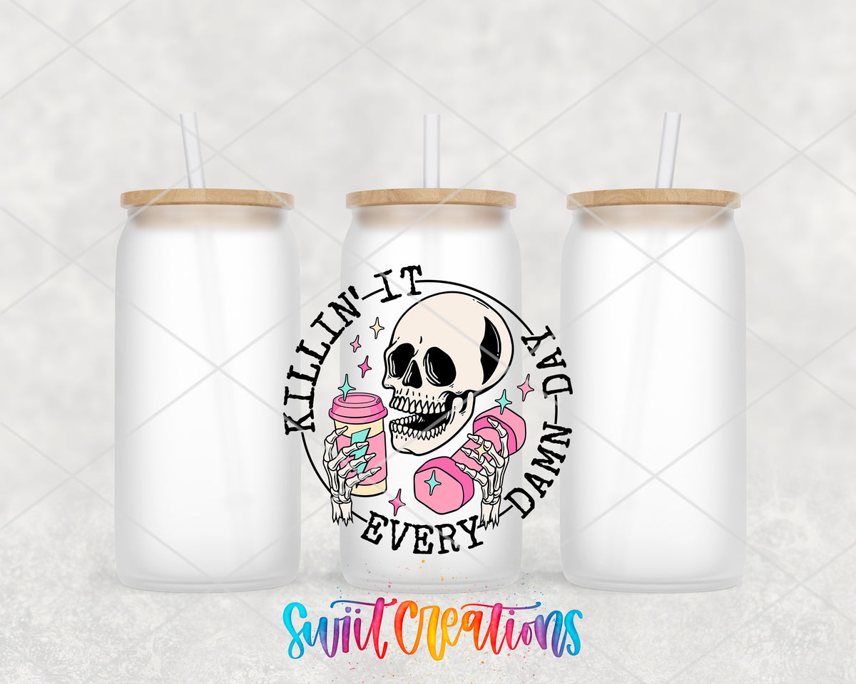 Killin It Every Damn Day frosted glass tumbler group view with lids and straws