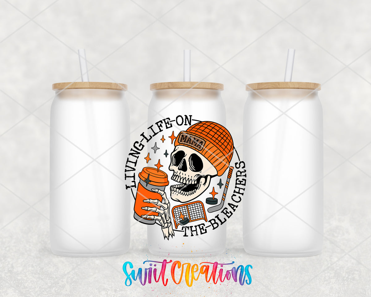 Hockey Mama Living Life on the Bleachers frosted glass tumbler group view with lids and straws