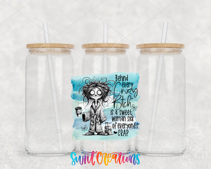 Behind Every Crazy Bitch clear glass tumbler group mockup with bamboo lids and straws