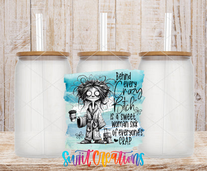 Behind Every Crazy Bitch frosted glass tumbler mockup with bamboo lids and straws