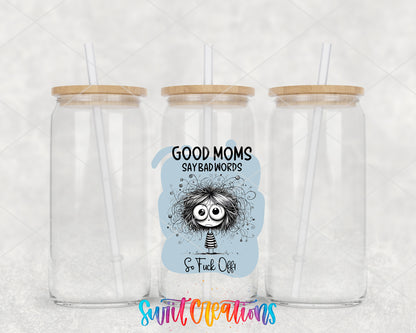 Good Moms Say Bad Words clear glass tumbler group mockup with bamboo lids and straws