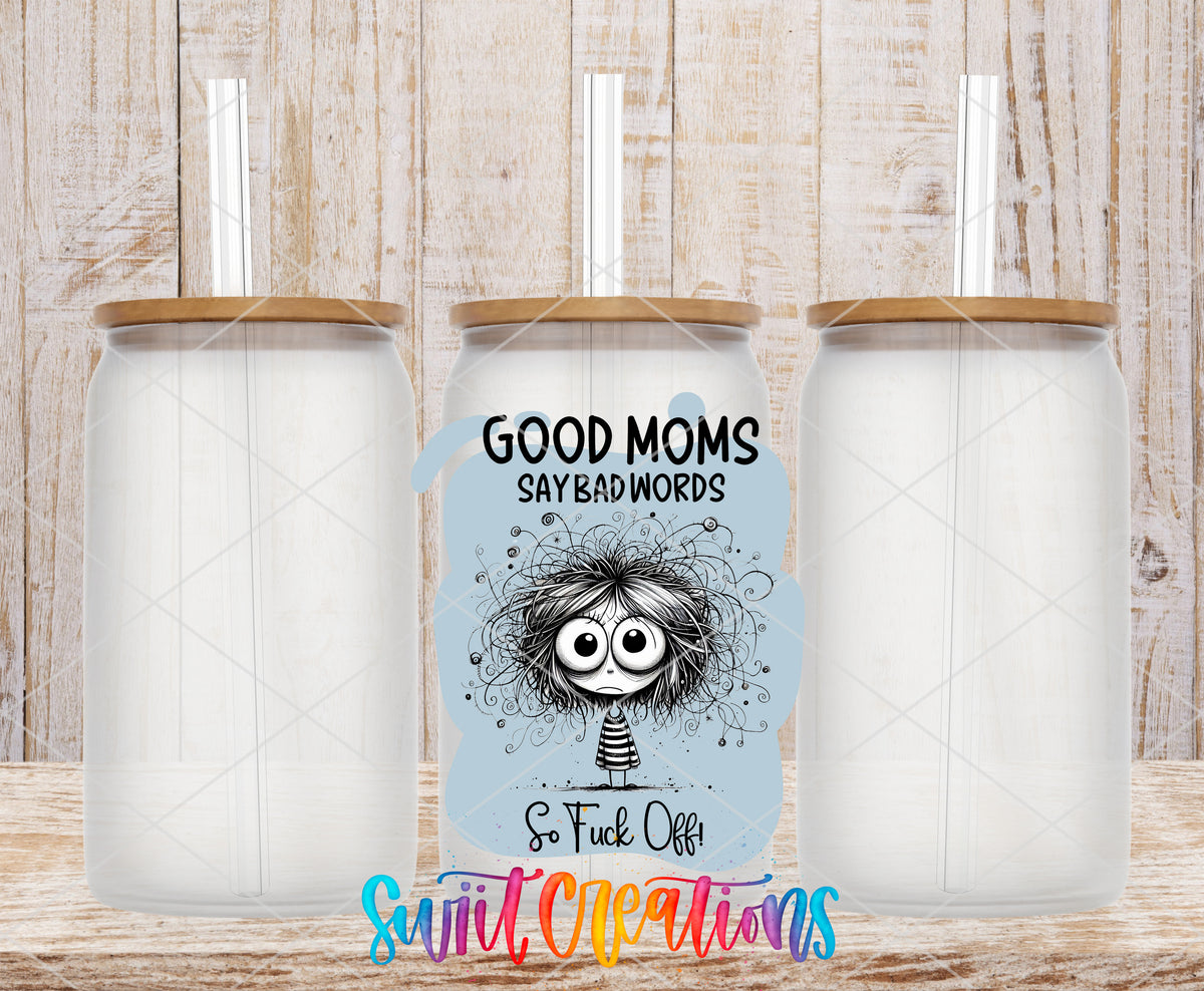Good Moms Say Bad Words frosted glass tumbler mockup with bamboo lids and straws