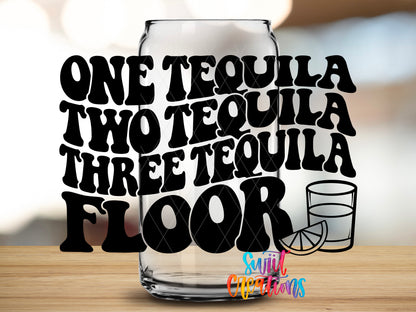 One Tequila Two Tequila Floor design close-up on a clear glass can tumbler
