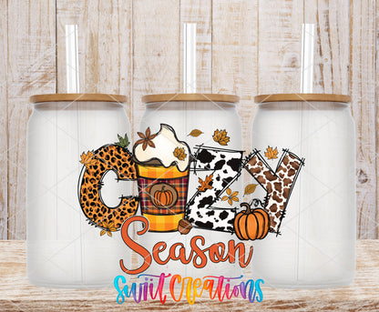Cozy Season frosted glass tumbler mockup with bamboo lids and straws
