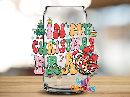 In My Christmas Era design close-up on a clear glass can tumbler