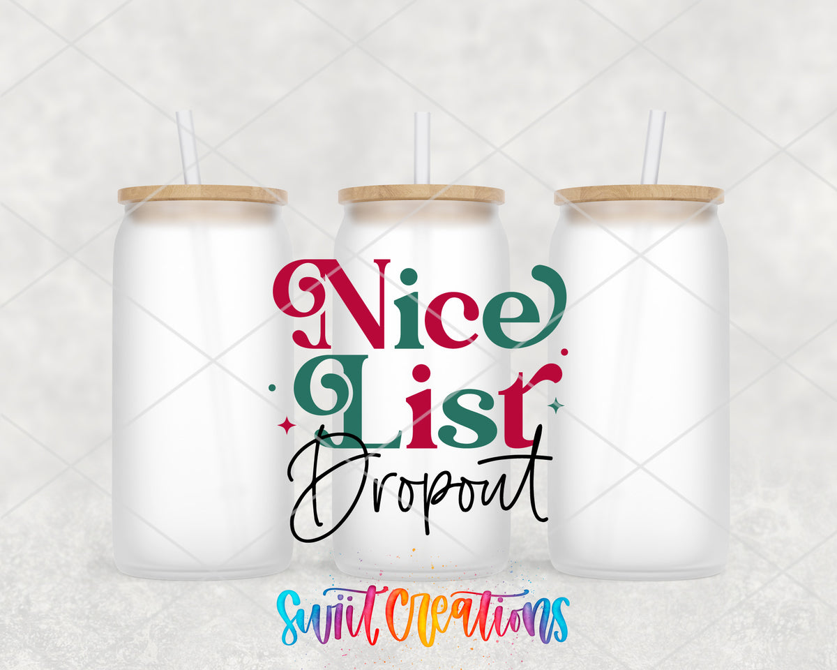 Nice List Dropout frosted glass tumbler group view with lids and straws