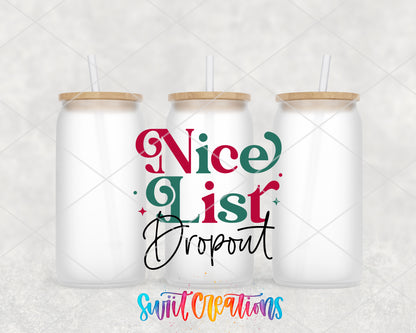 Nice List Dropout frosted glass tumbler group view with lids and straws