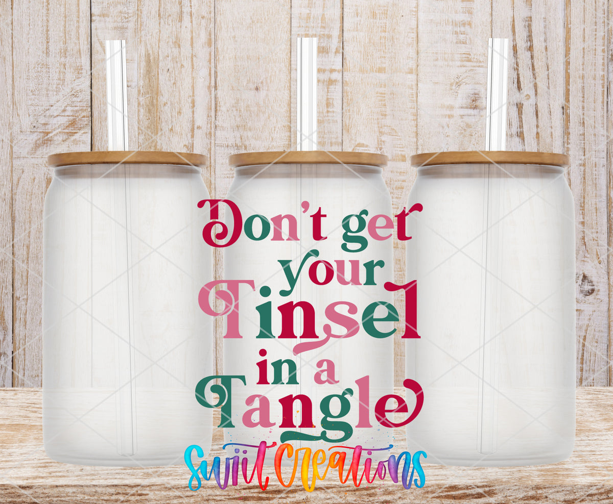 Do Not Get Your Tinsel in a Tangle frosted glass tumbler mockup with bamboo lids and straws