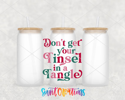 Do Not Get Your Tinsel in a Tangle frosted glass tumbler group view with lids and straws