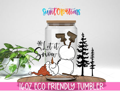 Let It Snow Upside Down Snowman design on a 16 oz clear glass tumbler with bamboo lid