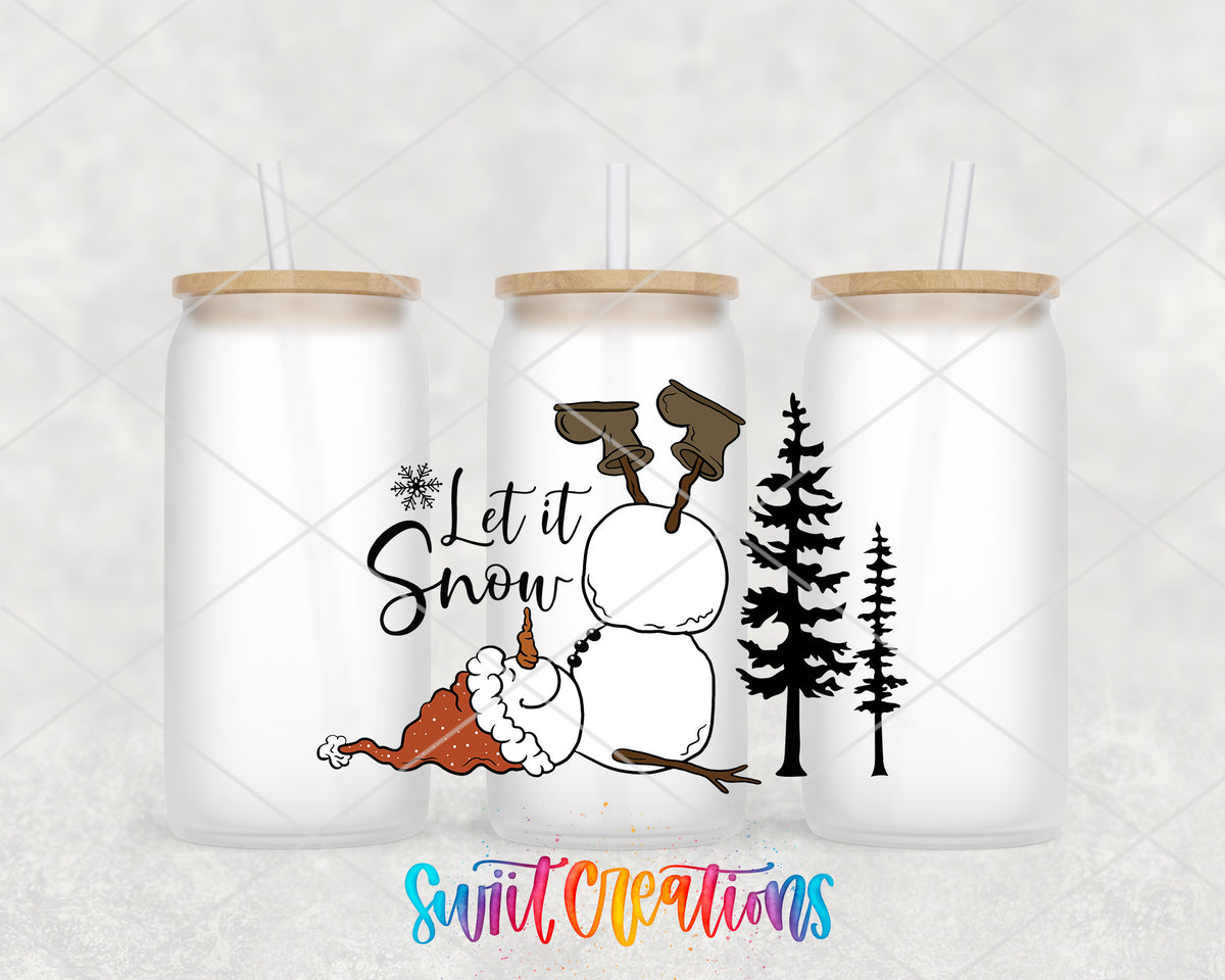 Let It Snow Upside Down Snowman frosted glass tumbler group view with lids and straws