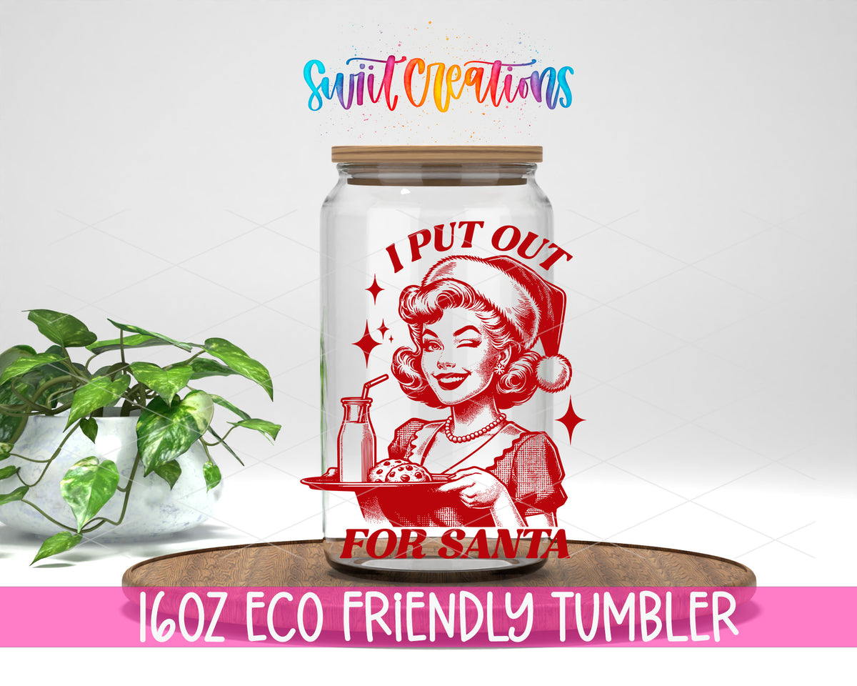 I Put Out for Santa design on a 16 oz clear glass tumbler with bamboo lid